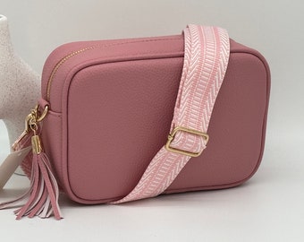 Pink Crossbody Vegan Leather Bag Tassel Camera Adjustable Removeable Woven Strap Holiday Wedding