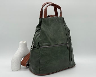 Green Rucksack Vegan Leather Backpack Large Bag Versatile Adjustable Straps Multi Pocket Travel School Holiday