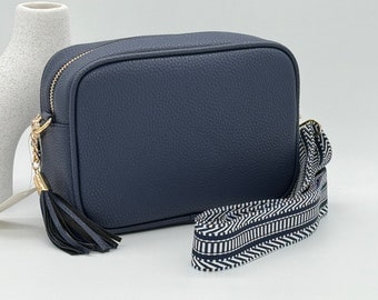 Crossbody Vegan Navy Leather Bag Tassel Camera Adjustable Removeable Woven Strap