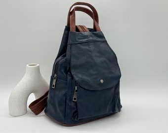 Navy Rucksack Vegan Leather Backpack Bag Versatile Adjustable Straps Multi Pocket Travel School Holiday