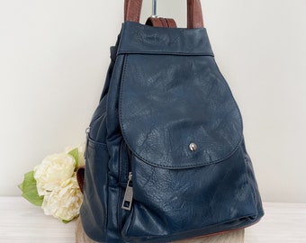 Navy Rucksack Vegan Leather Backpack Large Bag Versatile Adjustable Straps Multi Pocket Travel/School/ Holiday