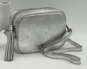 Silver Metallic Crossbody Bag Genuine Leather Camera Tassel Holiday Travel Wedding Adjustable Removeable Strap