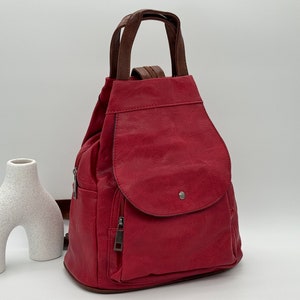 Red Rucksack Vegan Leather Backpack Large Bag Versatile Adjustable Straps Multi Pocket Travel School Holiday