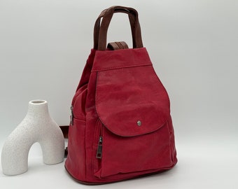 Red Rucksack Vegan Leather Backpack Large Bag Versatile Adjustable Straps Multi Pocket Travel School Holiday