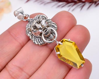 Sterling Silver Citrine Tiger Pendant: Handmade Coffin Shape Gemstone