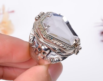 Skull Coffin Poison Ring with White Topaz – Handmade 925 Sterling Silver Vintage Design