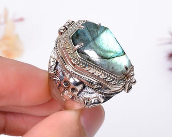Skull Coffin Labradorite Poison Ring, 925 Sterling Silver box Ring.