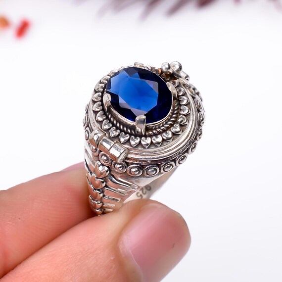 Handmade Blue Sapphire Poison Ring | 925 Sterling Silver Jewelry