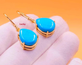 Boucles d'oreilles pendantes turquoises endormies fabriquées à la main | Modèle en argent sterling plaqué or 18 carats