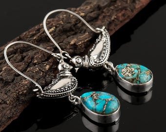 Boucles d'oreilles pendantes turquoises : motif oiseau en forme de larme en argent sterling
