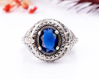 Handmade Blue Sapphire Poison Ring | 925 Sterling Silver Jewelry