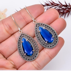 Blue Sapphire Gemstone Dangle Drop Earrings,925 Sterling Silver Blue Sapphire Earrings, Handmade Teardrop Sapphire Earring. Gift For Her,
