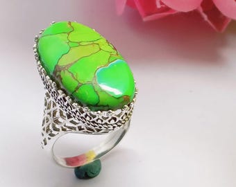 Sterling Silber Grün Türkis Ring, filigraner Edelstein Ring
