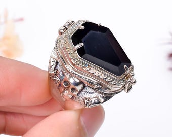 Sterling Silver Skull Coffin Poison Ring – Handmade Black Onyx Hidden Compartment Ring (13/18mm)