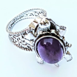 Natural Amethyst Turtle Poison Ring, Secret Box Ring, Sterling Silver Ring, Turtle Ring, Sea Turtle Ring, Turtle Poison Ring, Statement Ring