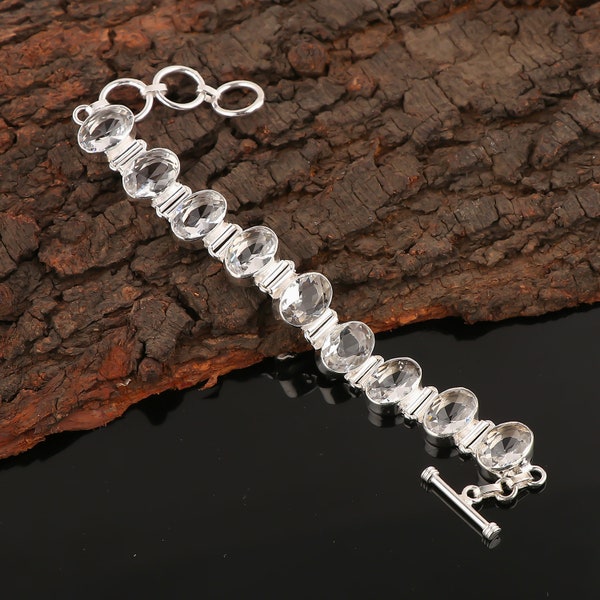 White Topaz Bracelet, 925 Sterling Silver Bracelet Chain White Topaz Gemstone Handmade Jewelry, Women's Special Gift 6+2in Adjustable