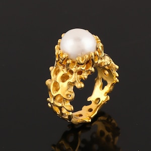 18k Gold Plated Sterling Silver Pearl Ring - Unisex Antic Design