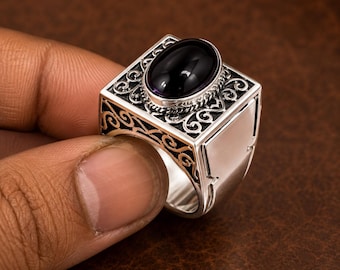 Poison Ring with Natural Black Onyx Gemstone – Handmade 925 Sterling Silver Box Ring