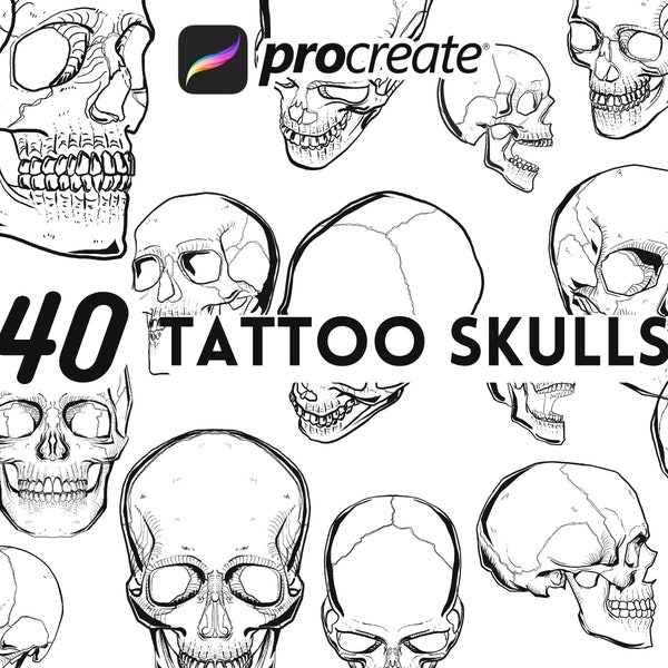 40 pinceaux Procreate Skull Tattoo, tatouage tête de mort, flash de tatouage, tatouage procréer, collection tête de mort, clipart tête de mort, timbres de tatouage, timbre tête de mort