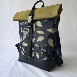 Forest Rolltop Backpack, Waterproof Rucksack, Green & Black Nature Pattern, Urban Daypack, Vegan Leather Rucksack for travel Gift for Woman