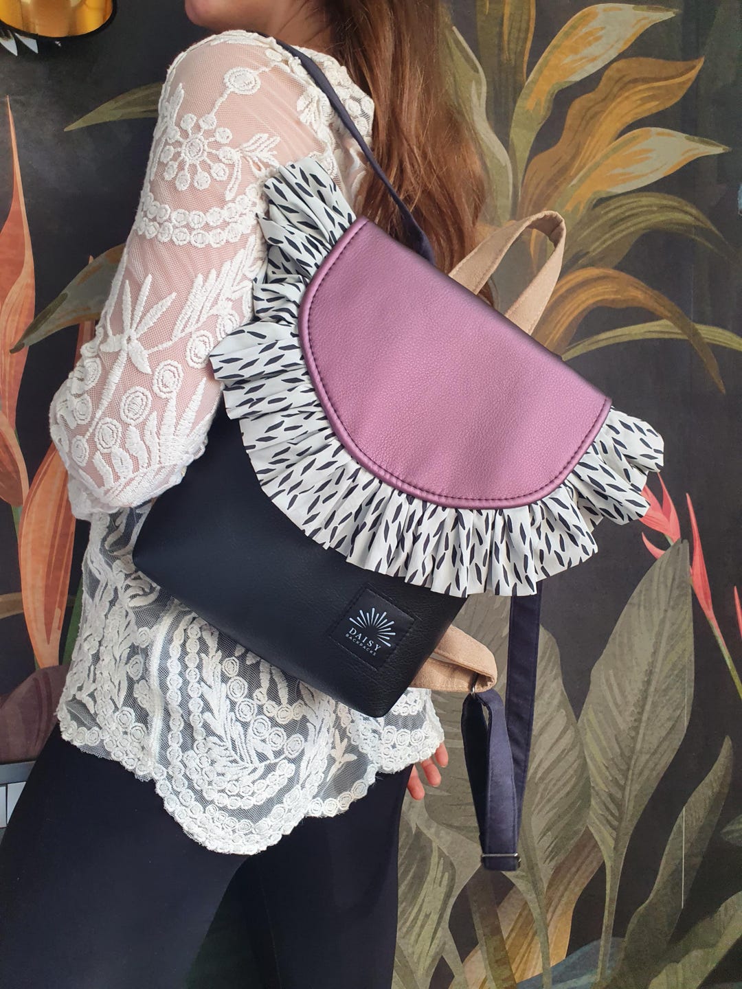 Handmade Ruffle Vegan Leather Backpack – Black & Purple  display picture 1
