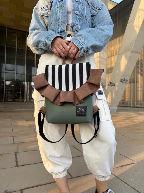 Olive Stripes Ruffle Backpack – Handmade Vegan Leather  display picture 1