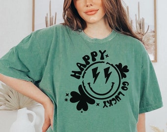Happy Go Lucky Tshirt, St Patrick's Day Apparel, Smile St Paddy's Day Holiday, Clover Tee Gift, Cute Green Shamrock Top For Her