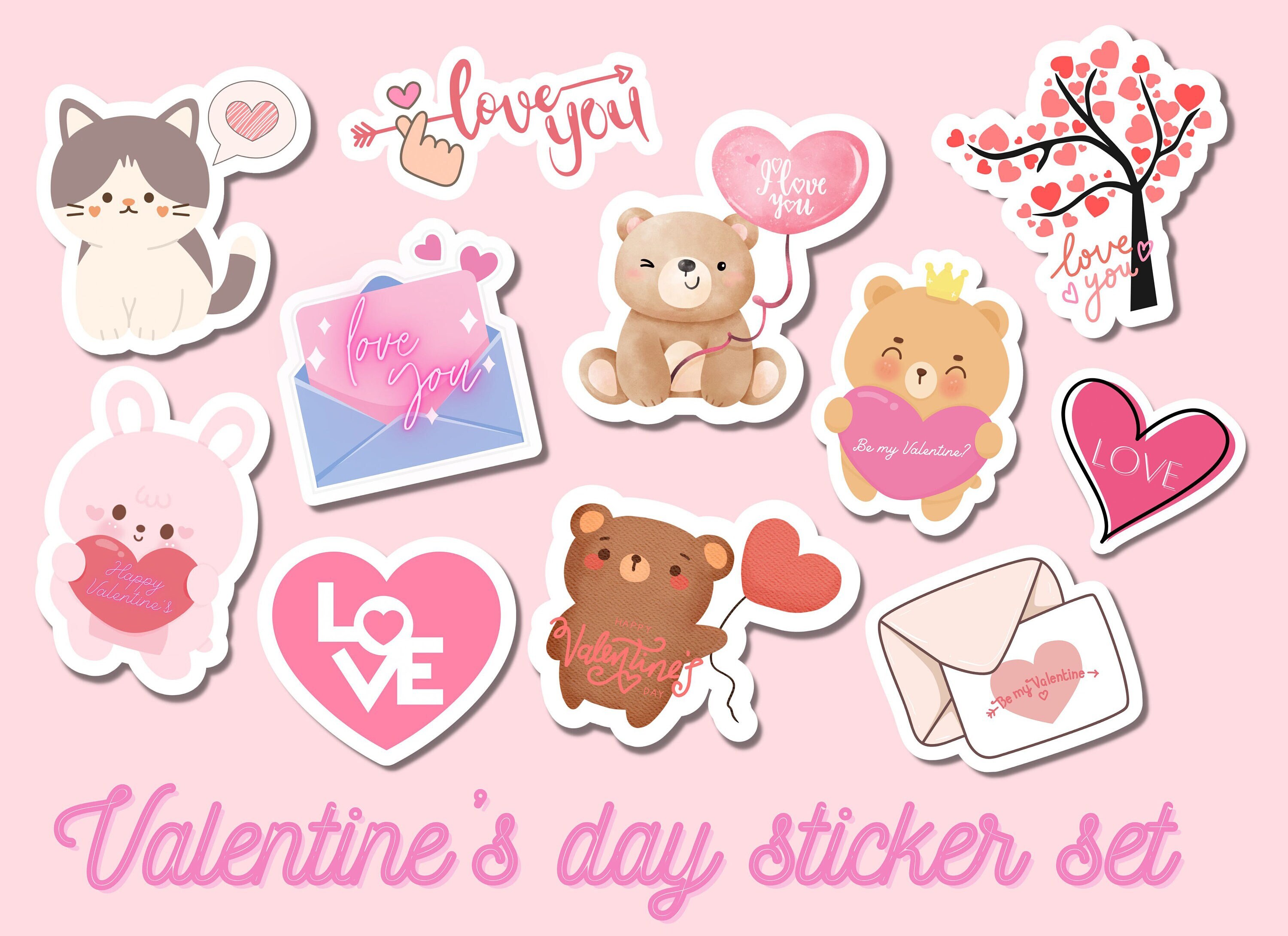 Valentine's Day Printable Stickers Set, Gift for Her, PNG, Pink ...