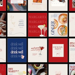 Può includere: Un collage di immagini promozionali per un bar o un ristorante. Le immagini presentano cocktail, cibo e testo come "Party Time!", "Happy Hour Drinks", "Margarita", "Ginger", "Open Hours" e "Cocktail Party".