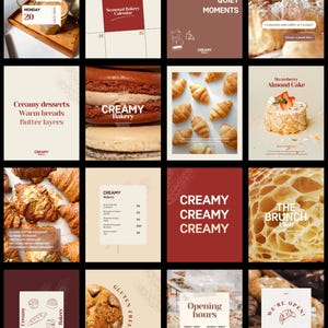 Puede incluir: Un collage de imágenes que muestran productos de panadería. Incluye cruasanes, pasteles y pan. Algunas imágenes tienen texto: "Creamy desserts, Warm breads, Butter layers", "Strawberry Almond Cake" y "The Brunch Club".