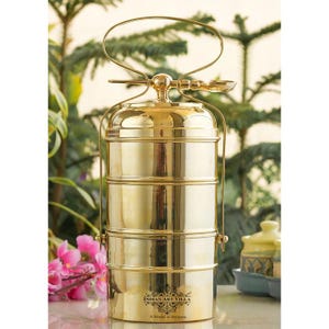 Vintage Brass Tiffin Box: 3-Tier Lunch Box with Spoon