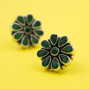 925 Pure Silver Flower Green Onyx Stud Earring| Green Floral Studs | Floral Silver Earring| Gemstone Earring | Stone Cut Stud | Silver Studs