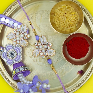 Brass Rakhi Set: Embossed Pooja Thali, Akshat & Kumkum