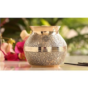Embossed Brass Lota: Indian Pooja Vessel, 550ml