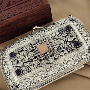 Handcrafted sterling Silver Clutch Purse with amethyst Gemstone Inlay Ethnic Engraved Bridal Clutch Antique Oxidized Purse Indian hand Bag