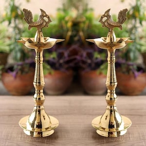 Handcrafted Brass Peacock Oil Lamp Pair | Traditional Kerala Deepam for Puja, Temple, Diwali Décor | South Indian Deepak- 25cm each set of 2