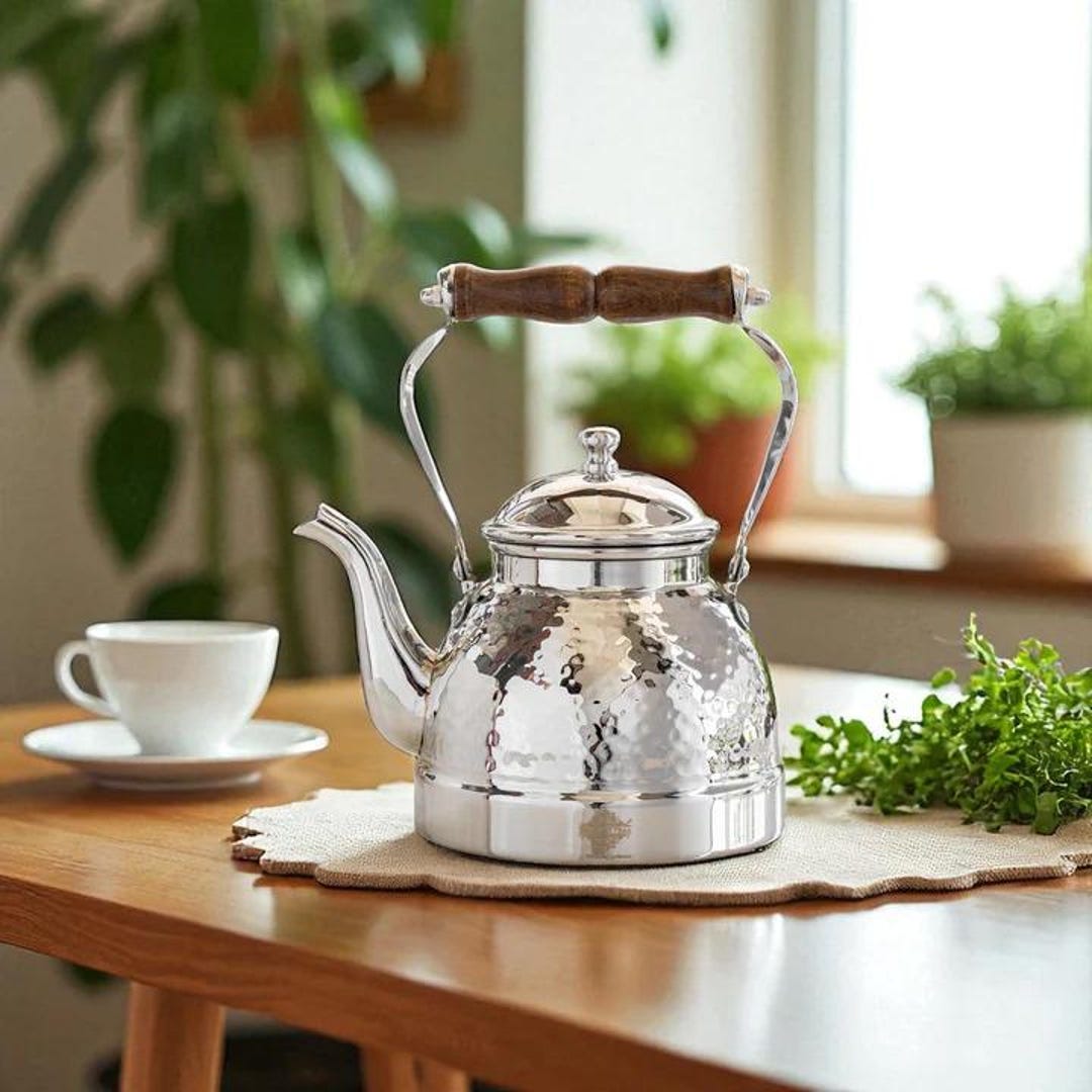 Handcrafted Hammered Stainless Steel Tea Kettle Wooden Grip | Kitchen ...