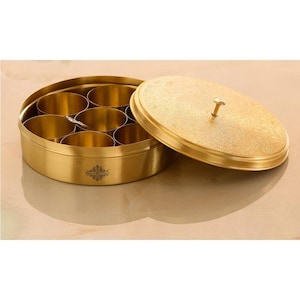 Handmade Brass Embossed Masala Box | 7 Compartment Spice Storage Container | Traditional Indian Spice Box for Kitchen & Gifting multipurpose