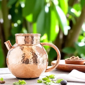 Pure Copper Hammered Matka Jug with Spout and lid- 1650ml | Traditional Water Storage Pot for Home, Kitchen & Gifting for yoga well ayurveda