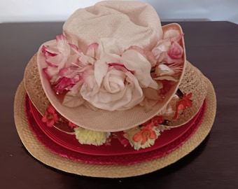 Colección de sombreros de paja vintage de los años 80, juego de 5 piezas con motivos florales, de iglesia y de jardín.