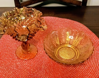 Juego de cristal ámbar vintage: Compota Fenton Hobnail y cuenco Anchor Hocking Sunflower.