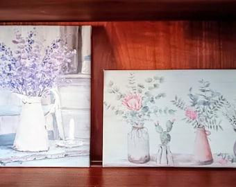 Conjunto de láminas botánicas de flores silvestres en lienzo – Arte de pared floral de estilo rústico vintage con jarra.