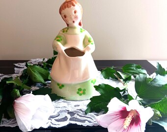 Maceta vintage de cerámica Sally Brayton – Niña con pecas, decoración floral de los años 50