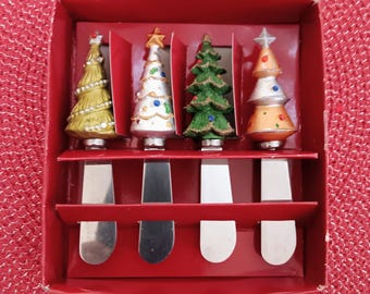 Juego de 4 untadores de árbol de Navidad – Cuchillos de acero inoxidable para mantequilla y queso para las fiestas