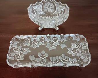 Vintage Crystal Serve Set Anna Hutte Dish & West Germany Tray Floral