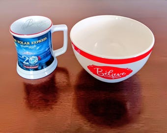 Juego de taza y cuenco navideño "Polar Express Believe" / Artículo de colección del 20.º aniversario