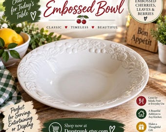 Vintage Gibson Cherry Embossed Salad Bowl 12" White Ceramic Serving Bowl
