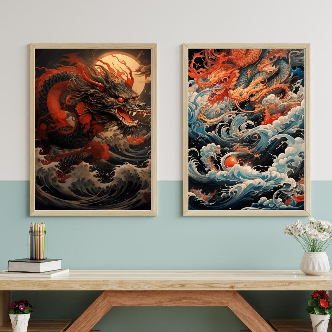 Japanese Dragon Art Print Set – Fiery Dragon & Ocean Waves | Digital ...