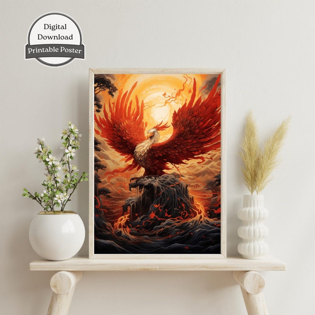 Japanese Phoenix Rising Art Print - Fiery Red Mythical Bird in Dramatic ...
