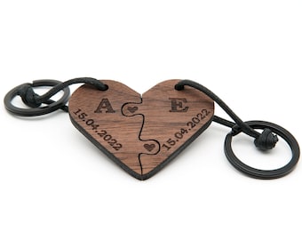 Schlüsselanhänger personalisiert aus Holz - Geschenk für Paare Partner Geschenk Jahrestag - Puzzle - Herz -